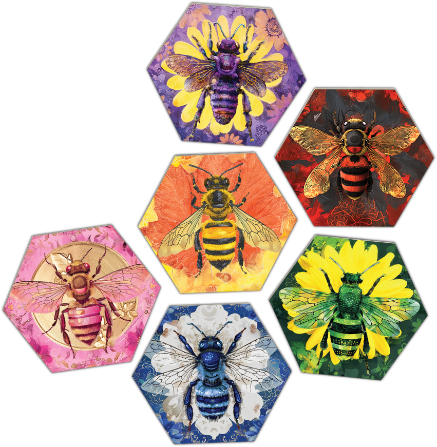 bees-cards-hex Bees tiles forming a hive