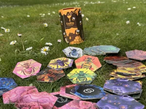 A bunch of bee tiles in a park